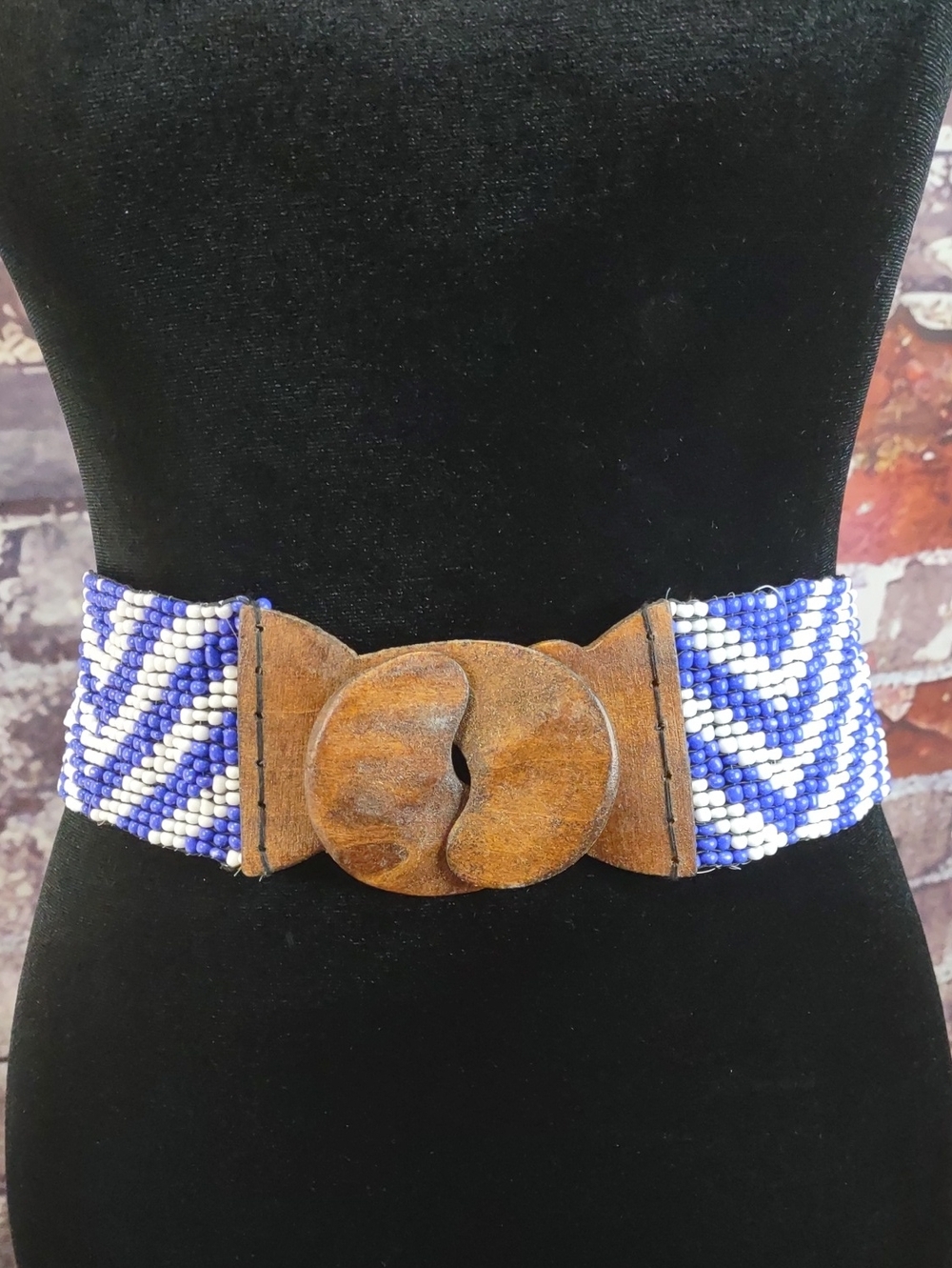 Artisan Crafted Beaded Stretch Belt With Wooden Buckle